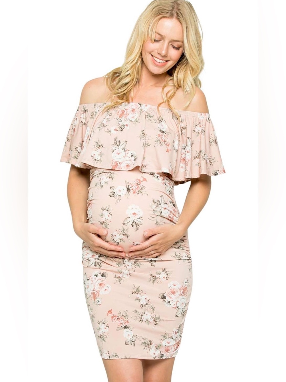 Blush Floral Off the Shoulder Maternity Dress with Ruffle Bodice